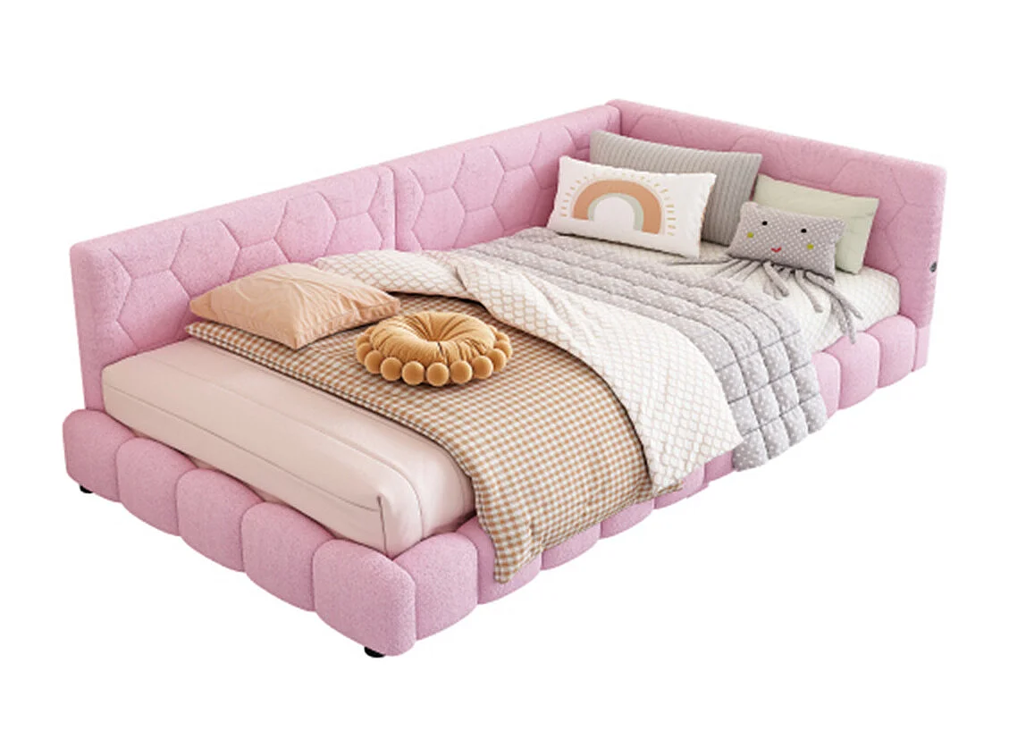 Lit de jour 90x200cm, canapé-lit avec sommier à lattes, lumière d'ambiance 16 couleurs, connexion usb, type-c, fleece+mdf, rose, sans matelas