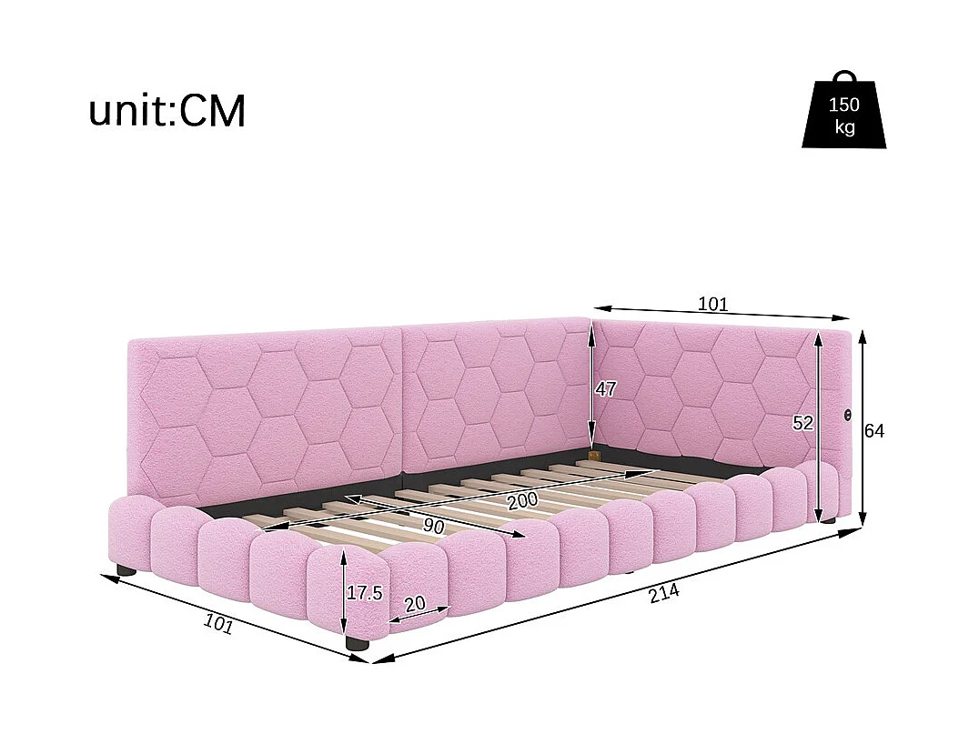 Lit de jour 90x200cm, canapé-lit avec sommier à lattes, lumière d'ambiance 16 couleurs, connexion usb, type-c, fleece+mdf, rose, sans matelas