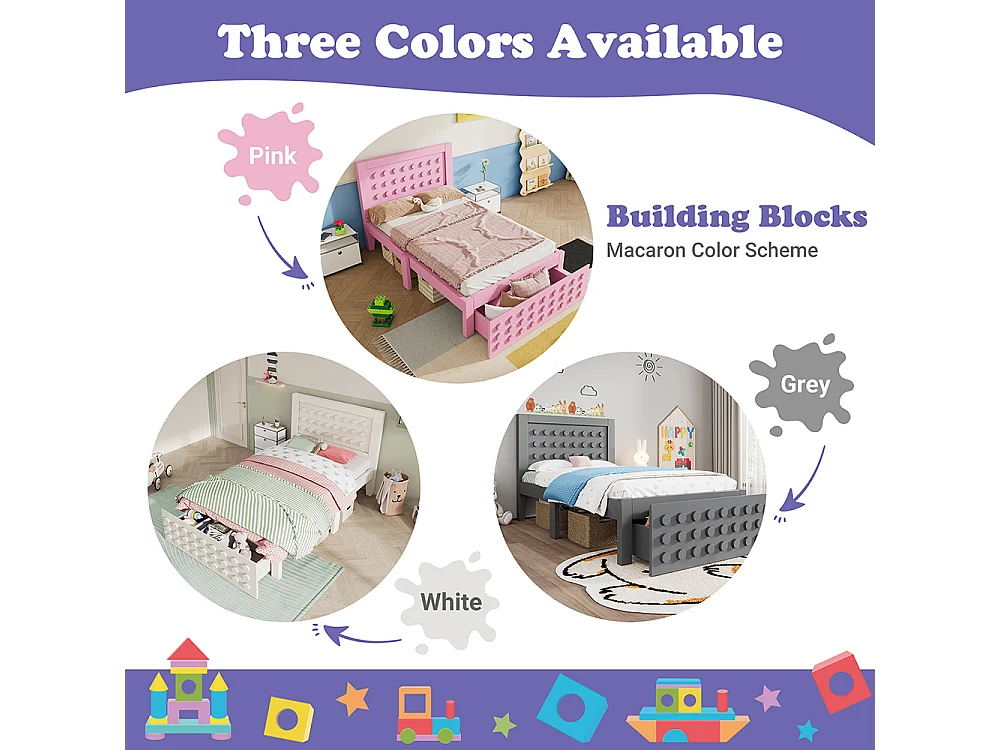 Lit simple en bois 90x190 cm, lit enfant au design créatif en blocs, avec tiroirs, blanc, sans matelas