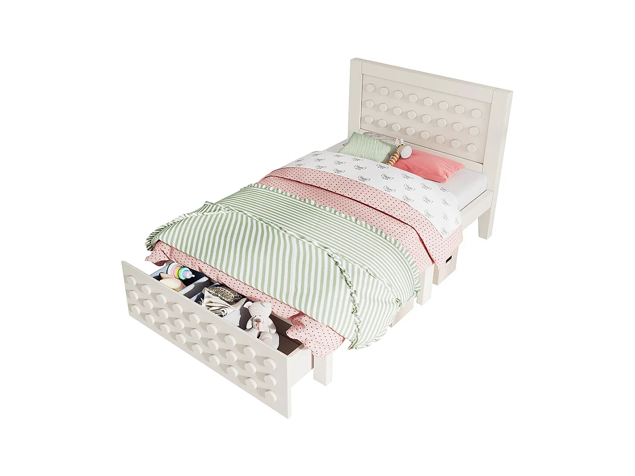 Lit simple en bois 90x190 cm, lit enfant au design créatif en blocs, avec tiroirs, blanc, sans matelas