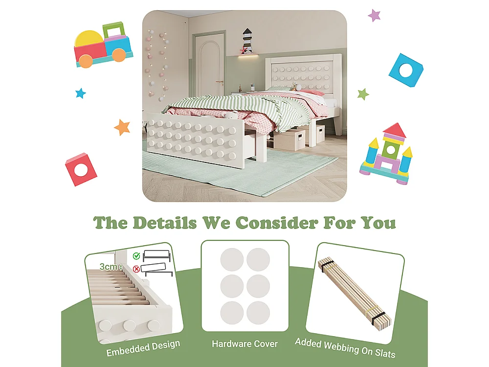 Lit simple en bois 90x190 cm, lit enfant au design créatif en blocs, avec tiroirs, blanc, sans matelas