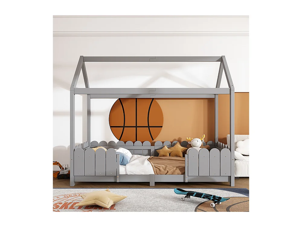 Lit jeune lit 90x200 cm avec protection contre les retombées et cadre à lamelles lit simple pin gris