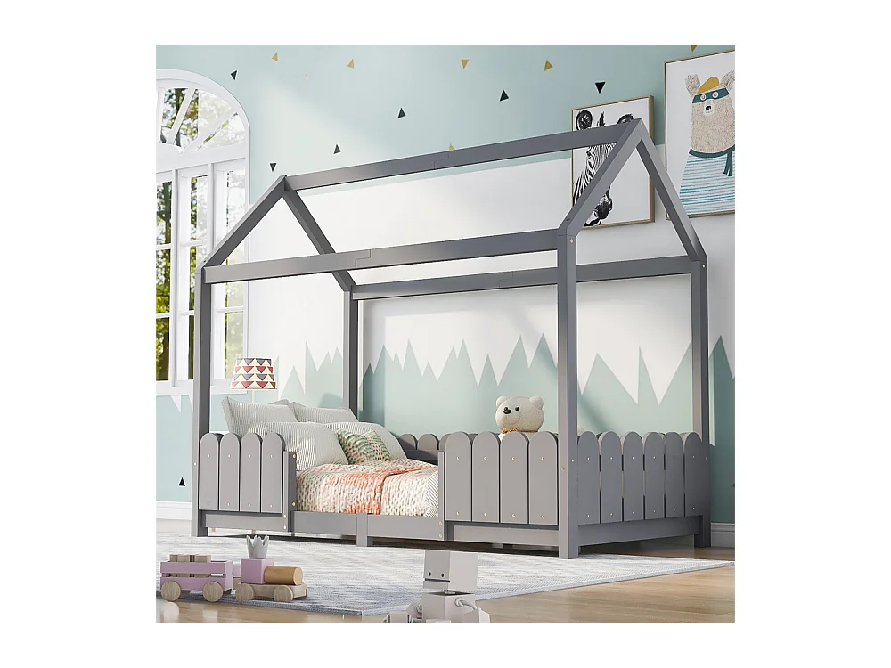 Lit jeune lit 90x200 cm avec protection contre les retombées et cadre à lamelles lit simple pin gris