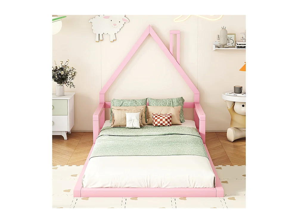 Lit jeune lit 90x200 cm lit plat lit forme de la maison lit simple pin massif rose