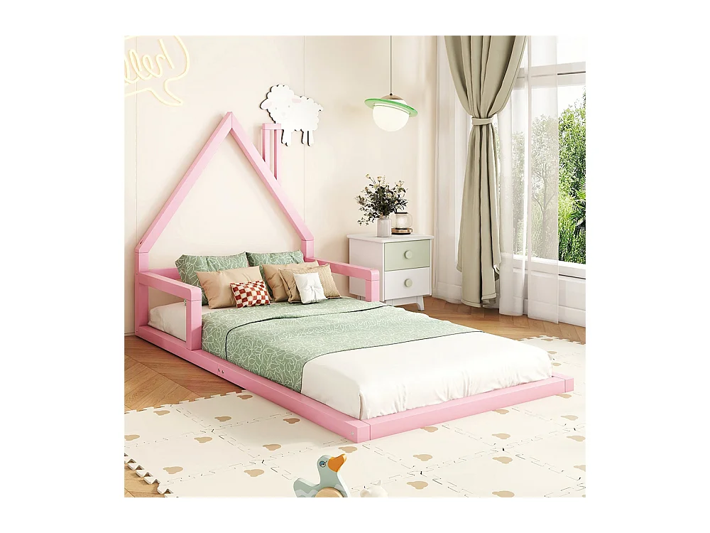 Lit jeune lit 90x200 cm lit plat lit forme de la maison lit simple pin massif rose