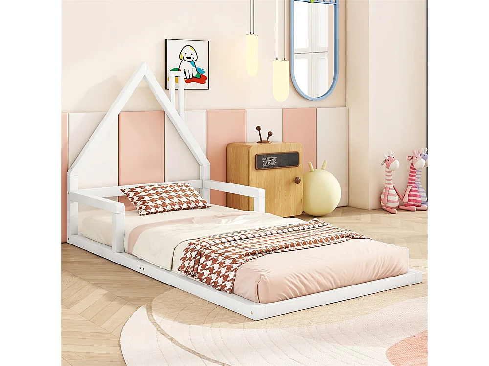 Lit d'enfant 90x200cm, lit plat, forme maison, pin massif, blanc