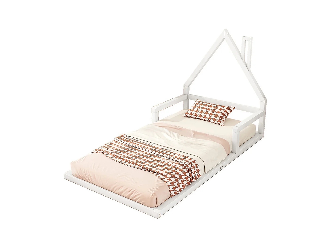 Lit d'enfant 90x200cm, lit plat, forme maison, pin massif, blanc