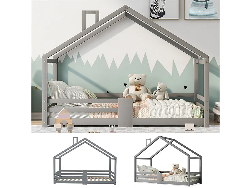 Lit jeune lit 90x200 cm avec cheminée lit protection contre les chutes lit sommier à lattes lit simple bois massif gris