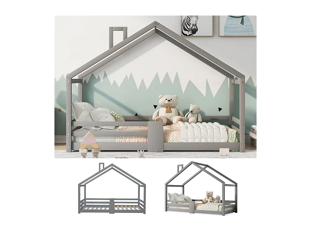 Lit jeune lit 90x200 cm avec cheminée lit protection contre les chutes lit sommier à lattes lit simple bois massif gris