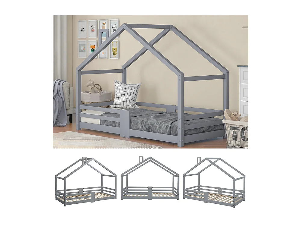 Lit jeune lit 90x200 cm avec cheminée lit protection contre les chutes lit sommier à lattes lit simple bois massif gris