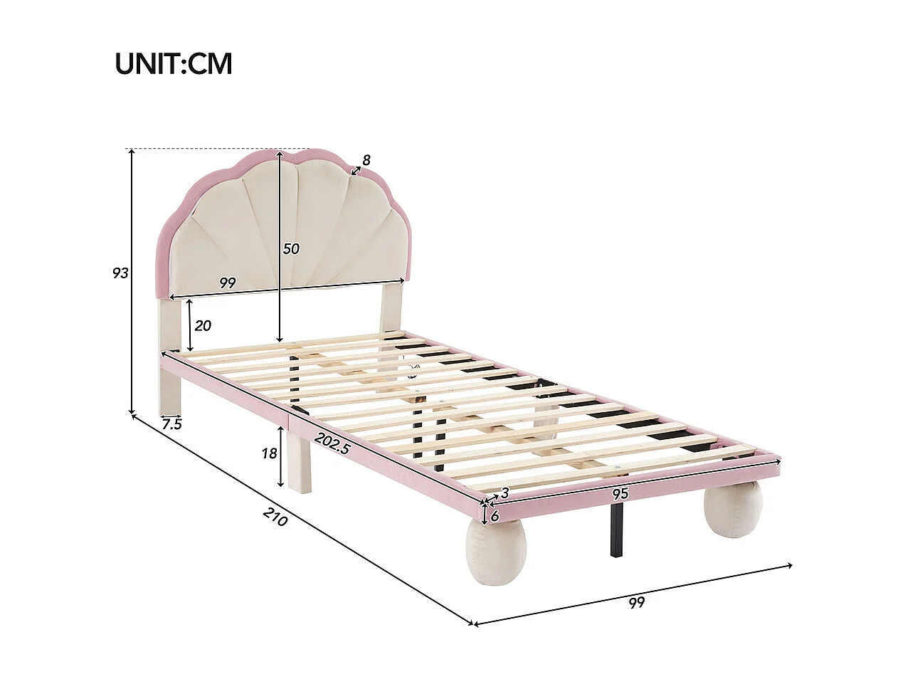 Lit jeune lit 90x200 cm lit rembourré lit bande lumineuse led lit pieds ronds rembourrés lit lattes de bois lit simple velours beige+rose