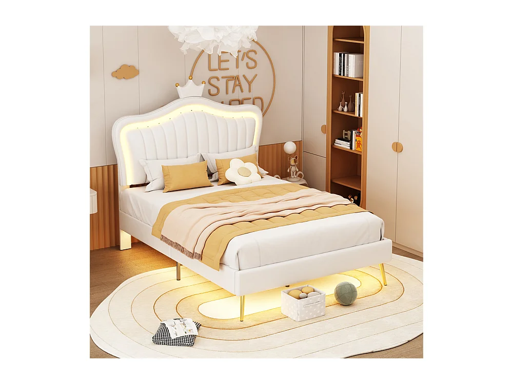 Lit jeune lit 90x200 cm lit rembourré lit simple avec lampes led et sommier à lattes cuir synthétique blanc