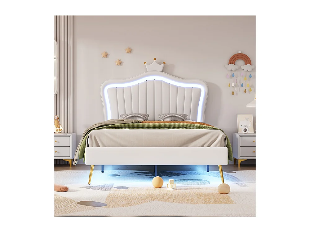 Lit jeune lit 90x200 cm lit rembourré lit simple avec lampes led et sommier à lattes cuir synthétique blanc