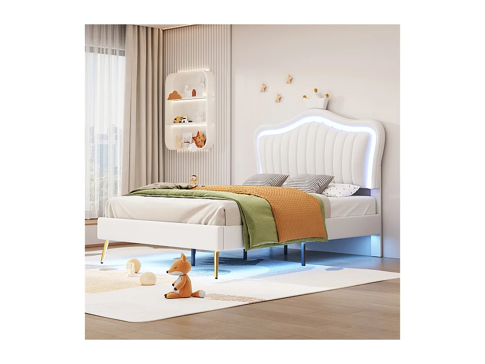 Lit jeune lit 90x200 cm lit rembourré lit simple avec lampes led et sommier à lattes cuir synthétique blanc