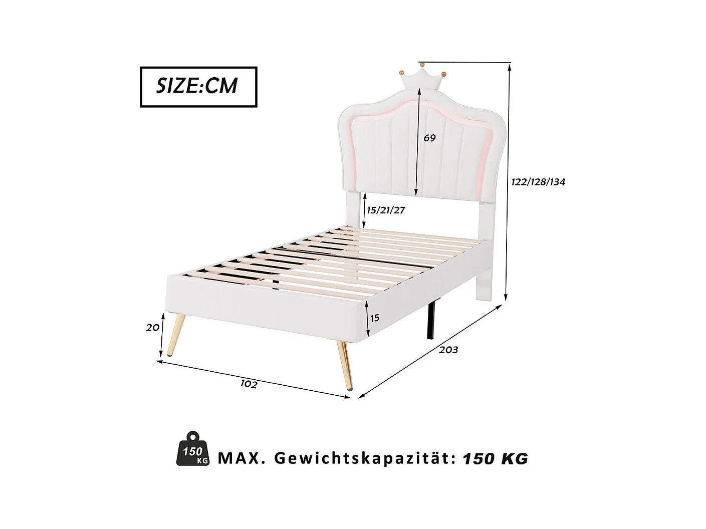 Lit jeune lit 90x200 cm lit rembourré lit simple avec lampes led et sommier à lattes cuir synthétique blanc