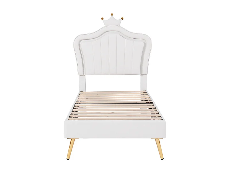 Lit jeune lit 90x200 cm lit rembourré lit simple avec lampes led et sommier à lattes cuir synthétique blanc