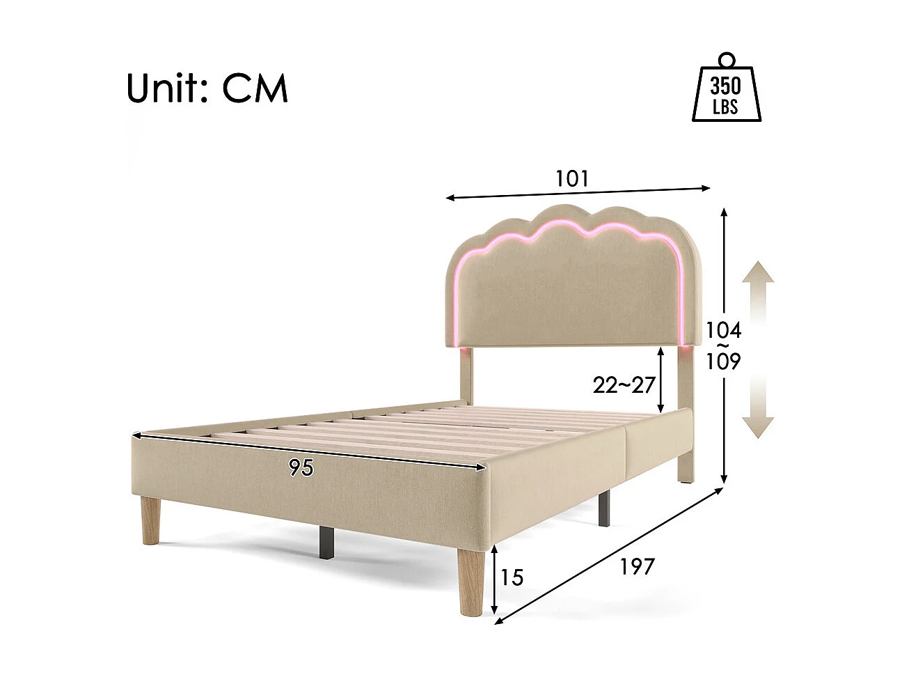Lit jeune lit 90x190 cm lit lattes de bois lit rembourré lit led simple lin beige