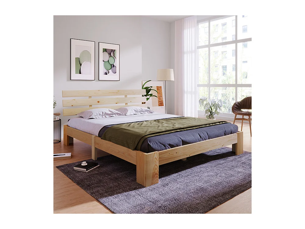 Lit jeune lit 140x200 cm lit sommier à lattes en bois lit double bois massif naturel