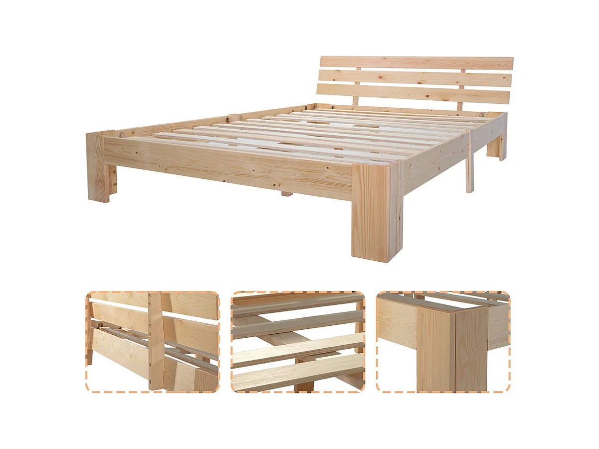 Lit jeune lit 140x200 cm lit sommier à lattes en bois lit double bois massif naturel