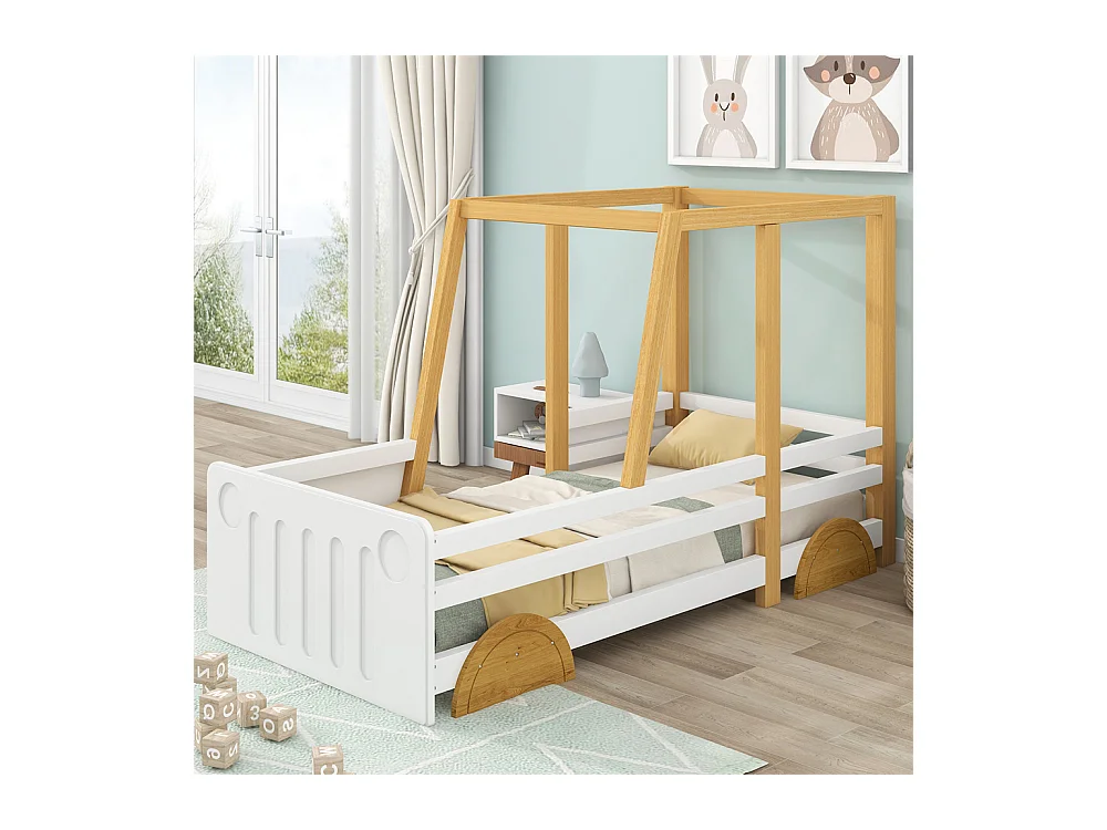 Lit jeune lit 90 x 200 cm lit de voiture avec cadre en pin lit simple bois massif blanc+naturel