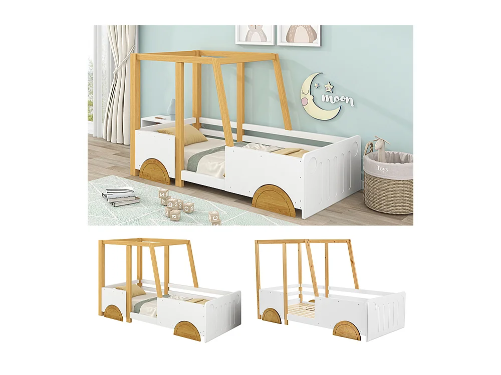 Lit jeune lit 90 x 200 cm lit de voiture avec cadre en pin lit simple bois massif blanc+naturel