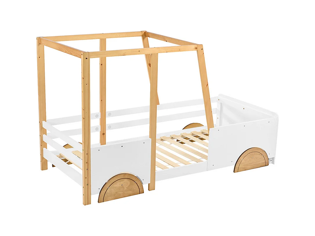 Lit jeune lit 90 x 200 cm lit de voiture avec cadre en pin lit simple bois massif blanc+naturel