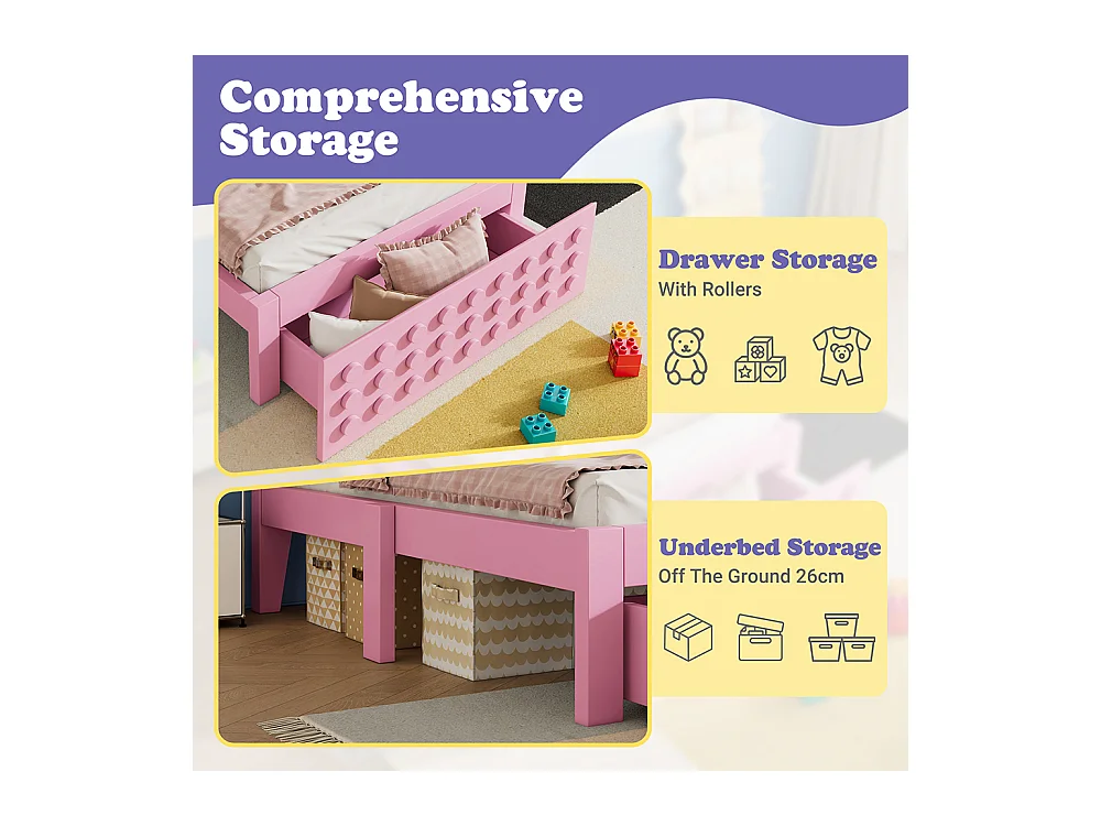 Lit simple en bois 90x200 cm, lit enfant au design créatif en blocs, avec tiroirs, rose, sans matelas