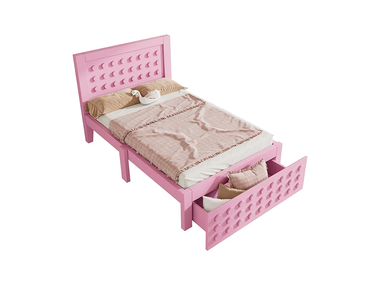Lit simple en bois 90x200 cm, lit enfant au design créatif en blocs, avec tiroirs, rose, sans matelas