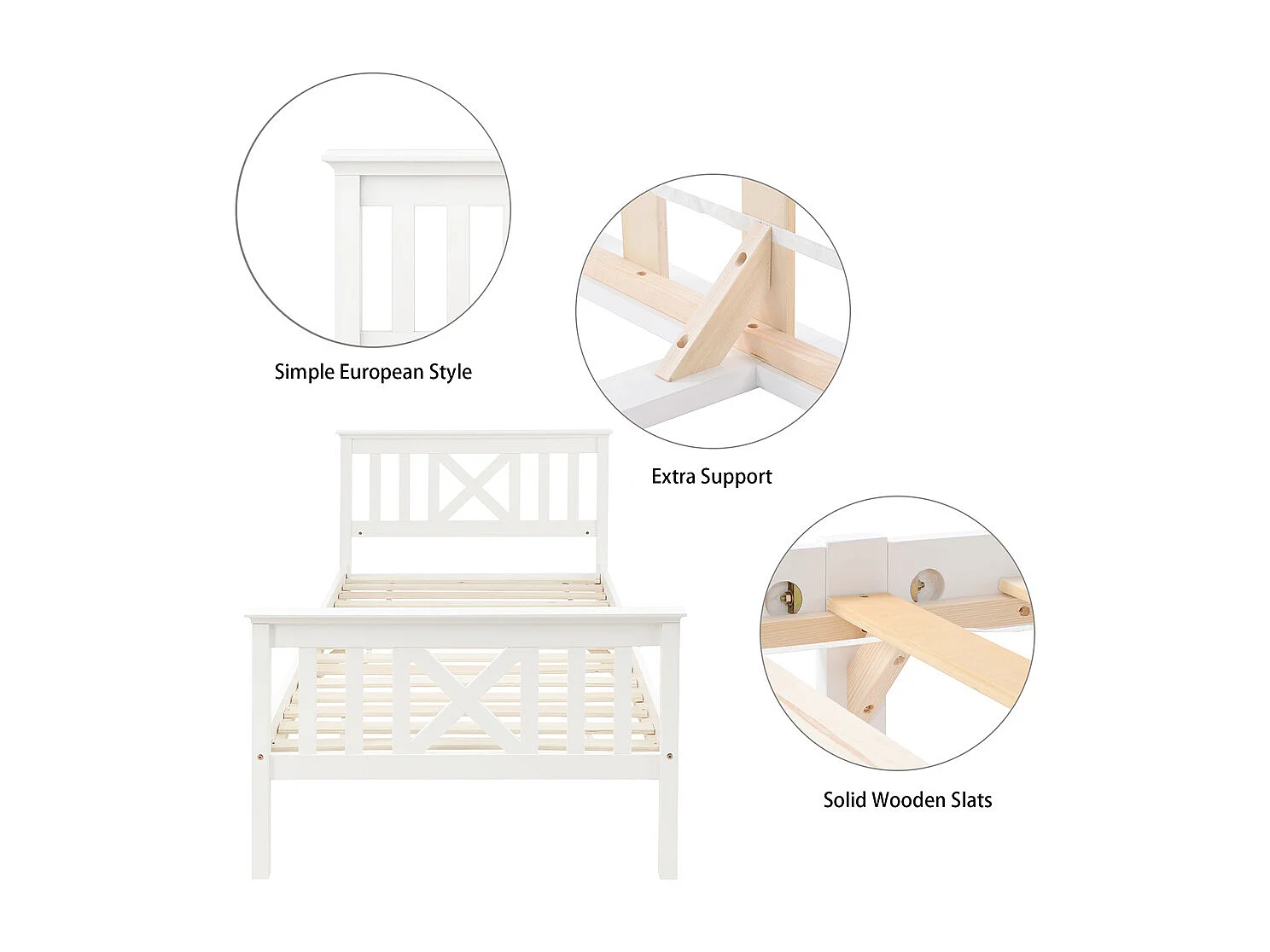 Lit jeune lit 90x200 cm lit en bois lit sommier à lattes lit simple bois massif blanc