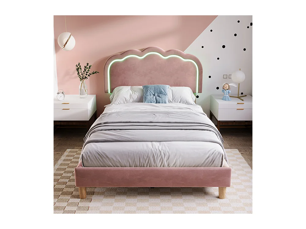 Lit jeune lit 90x200 cm lit lattes de bois lit rembourré lit led simple velours rose