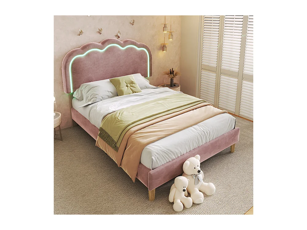 Lit jeune lit 90x200 cm lit lattes de bois lit rembourré lit led simple velours rose