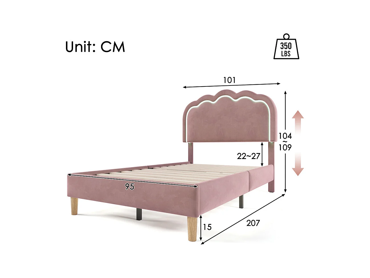 Lit jeune lit 90x200 cm lit lattes de bois lit rembourré lit led simple velours rose