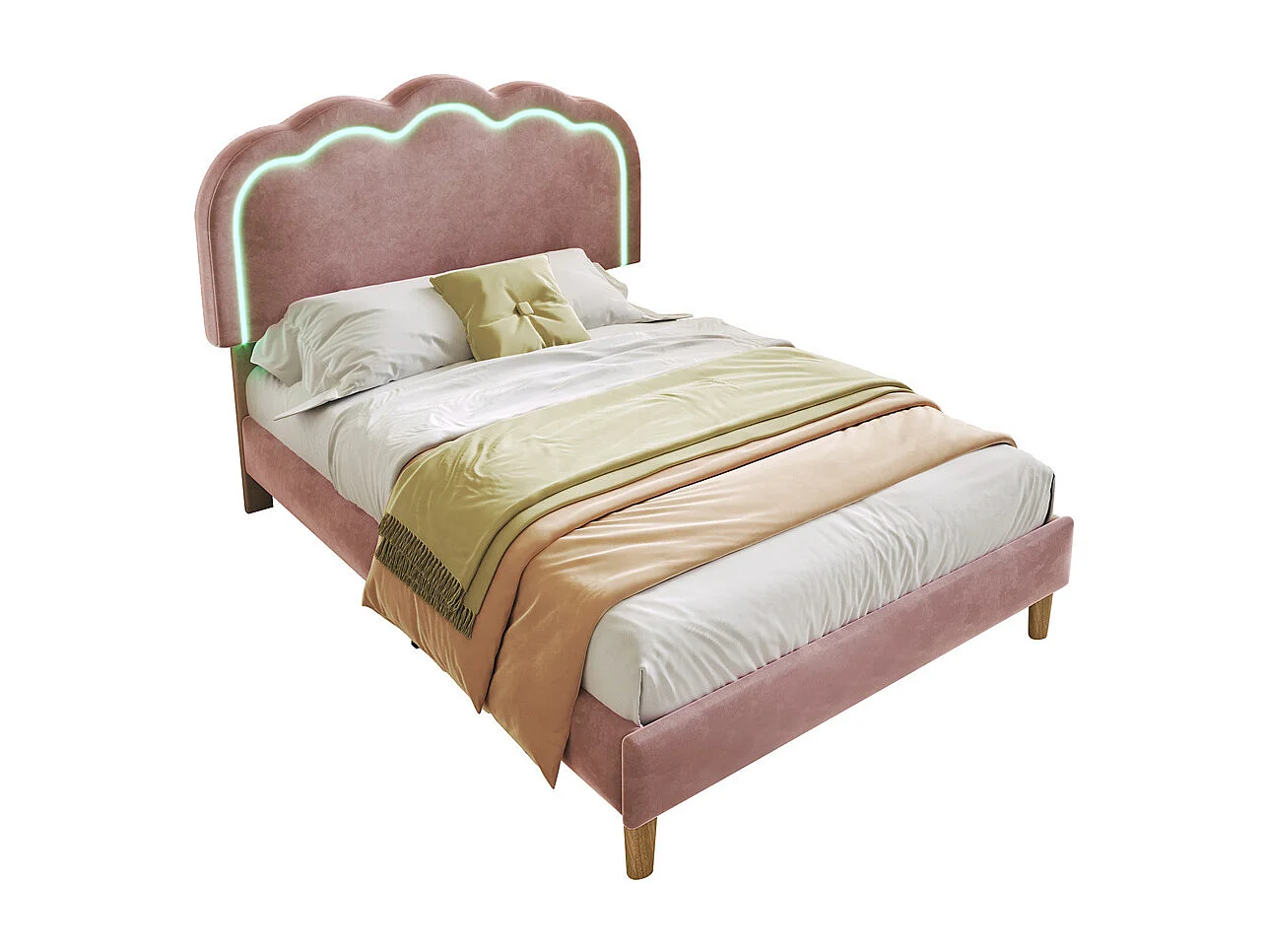 Lit jeune lit 90x200 cm lit lattes de bois lit rembourré lit led simple velours rose