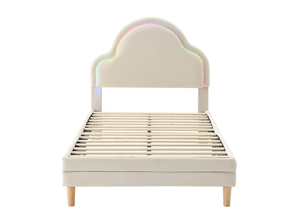 Lit d'enfant lit rembourré 90x200cm, lit simple avec tête de lit en forme de nuage, avec bandes led multicolores et changeantes, avec lattes en bois, velours, beige