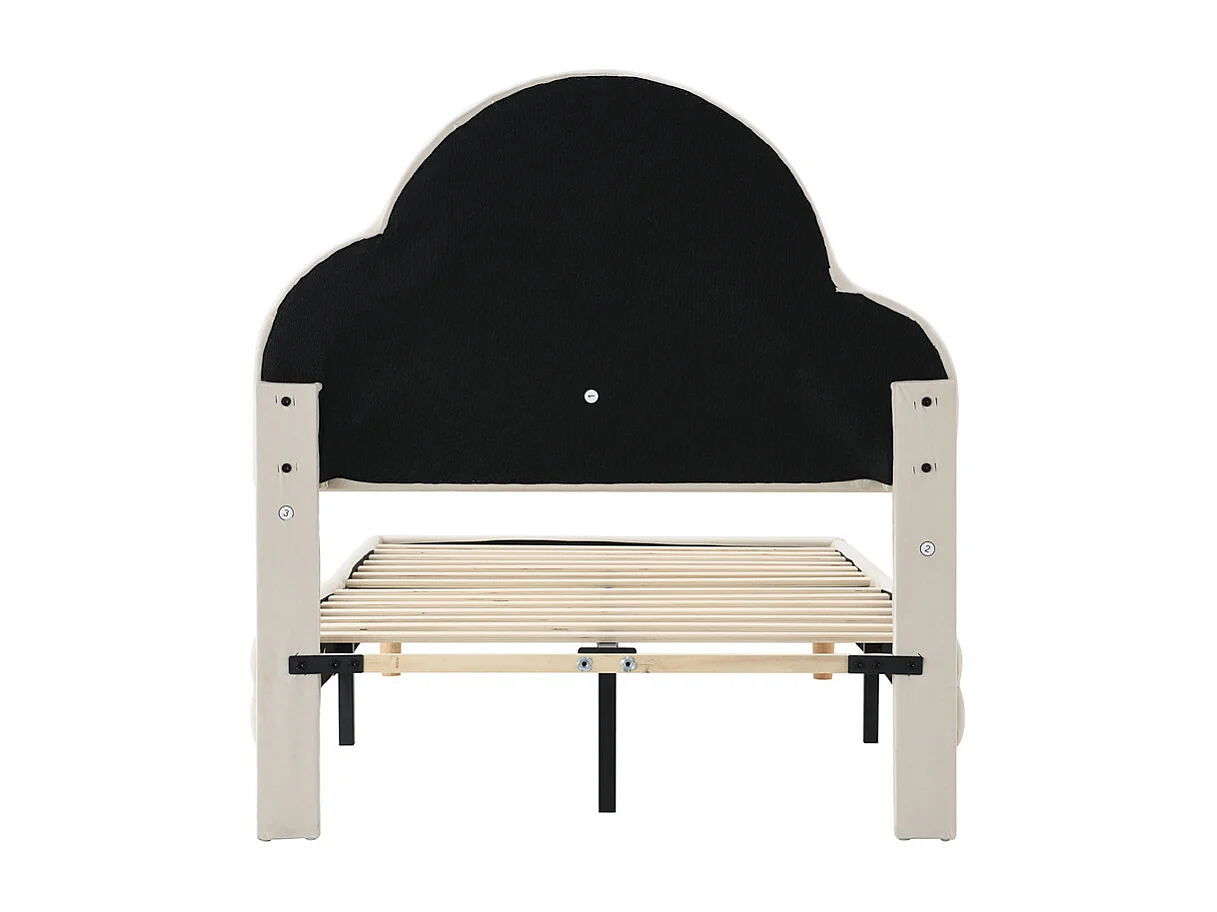 Lit d'enfant lit rembourré 90x200cm, lit simple avec tête de lit en forme de nuage, avec bandes led multicolores et changeantes, avec lattes en bois, velours, beige