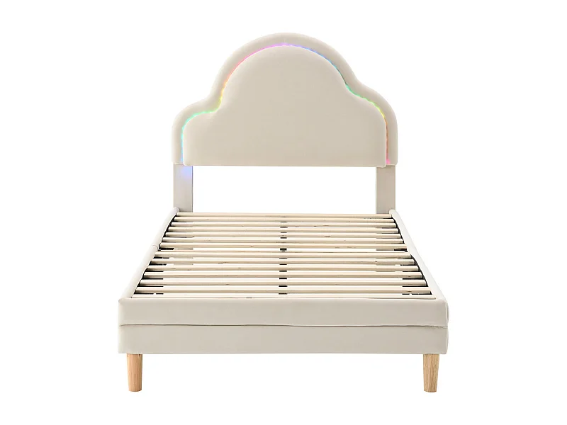 Lit d'enfant lit rembourré 90x200cm, lit simple avec tête de lit en forme de nuage, avec bandes led multicolores et changeantes, avec lattes en bois, velours, beige