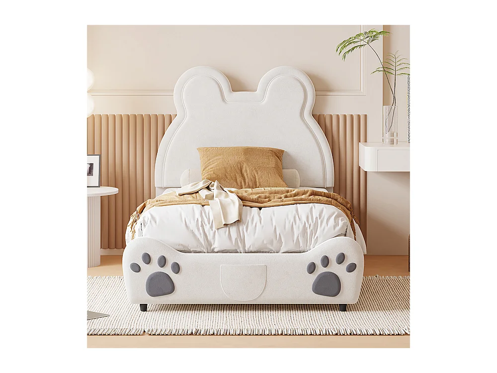 Lit jeune lit 90x200 cm lit rembourré forme d'ours lit simple velours blanc