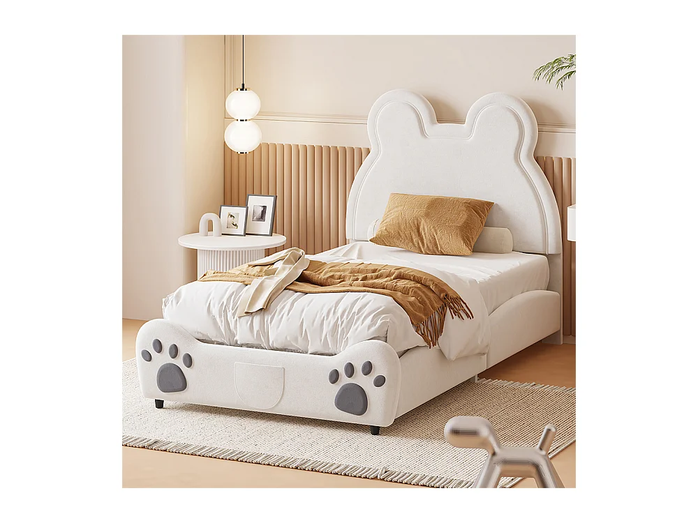 Lit jeune lit 90x200 cm lit rembourré forme d'ours lit simple velours blanc