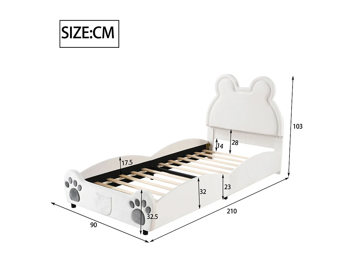 Lit jeune lit 90x200 cm lit rembourré forme d'ours lit simple velours blanc