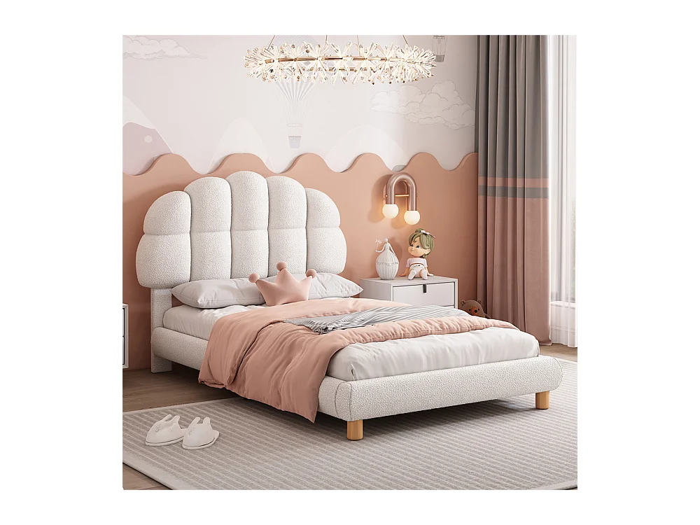 Lit d'enfant lit rembourré 90x200cm, lit simple, sommier à lattes en bois, cercle en non-tissé, blanc