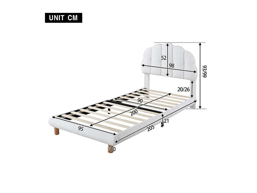 Lit d'enfant lit rembourré 90x200cm, lit simple, sommier à lattes en bois, cercle en non-tissé, blanc