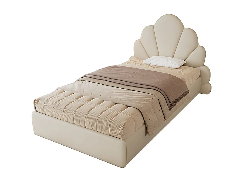 Lit rembourré lit simple 90x200cm, tête de lit avec pétales courbés, velours, beige