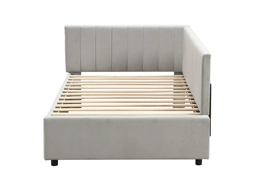 Lit jeune lit 90x200 cm lit rembourré lit sommier à lattes lit simple tissu en velours gris