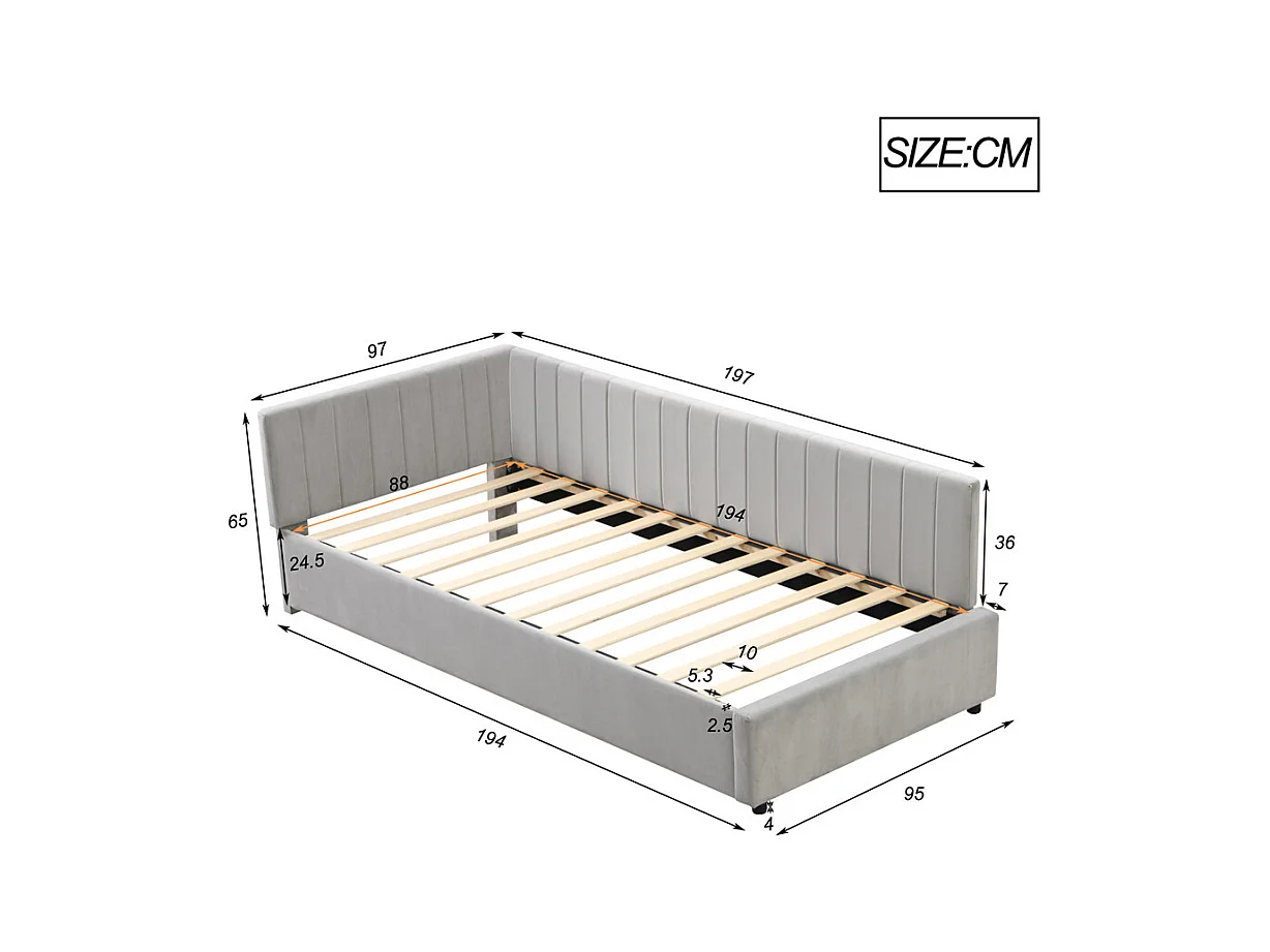 Lit jeune lit 90x200 cm lit rembourré lit sommier à lattes lit simple tissu en velours gris