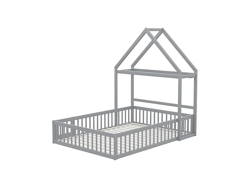 Lit jeune lit 140x200 cm lit en bois massif avec barrière de sécurité complète, portes et cadre à lattes pin gris