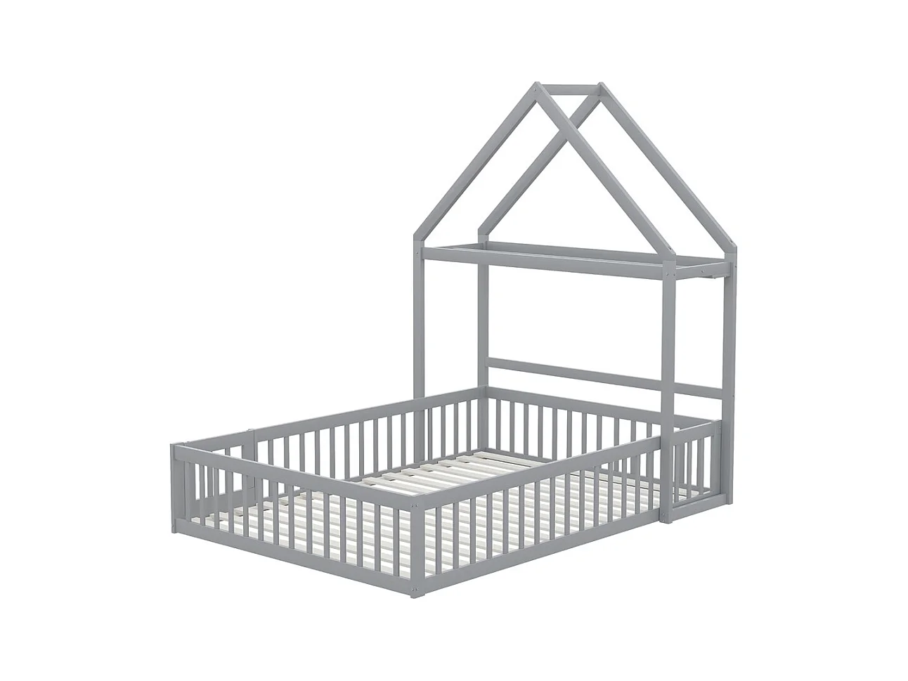 Lit jeune lit 140x200 cm lit en bois massif avec barrière de sécurité complète, portes et cadre à lattes pin gris