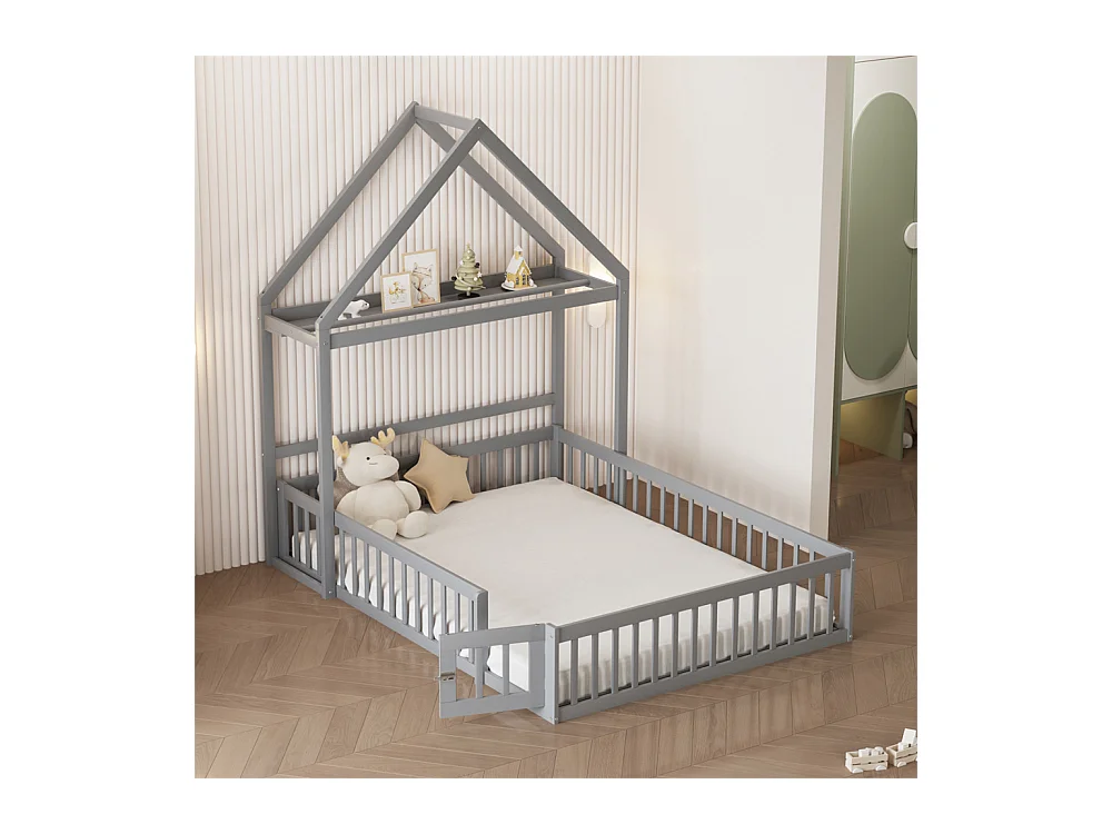 Lit jeune lit 140x200 cm lit en bois massif avec barrière de sécurité complète, portes et cadre à lattes pin gris