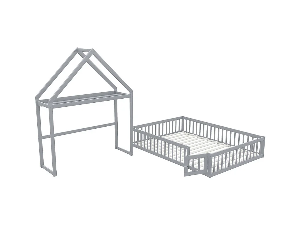 Lit jeune lit 140x200 cm lit en bois massif avec barrière de sécurité complète, portes et cadre à lattes pin gris