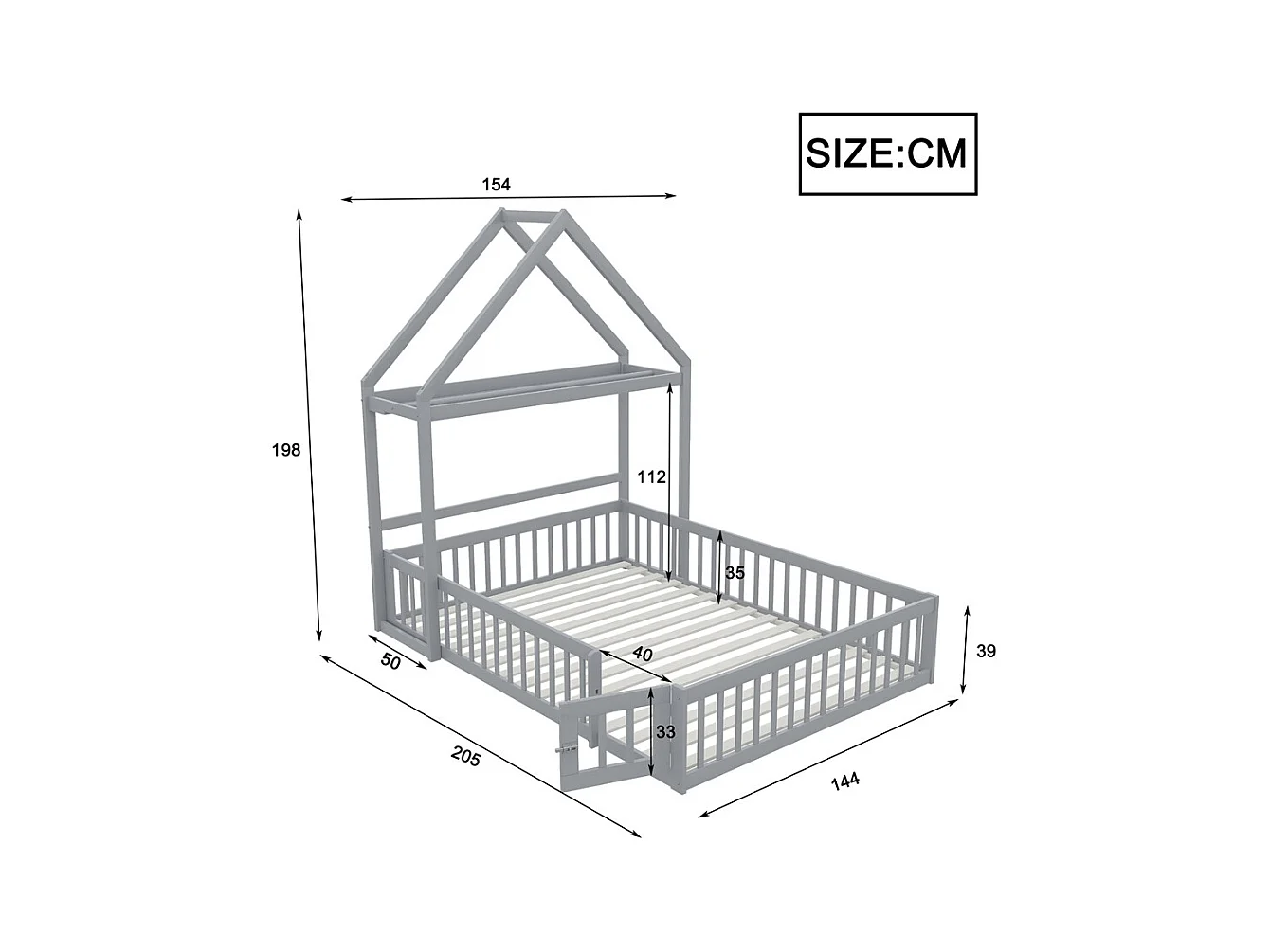 Lit jeune lit 140x200 cm lit en bois massif avec barrière de sécurité complète, portes et cadre à lattes pin gris