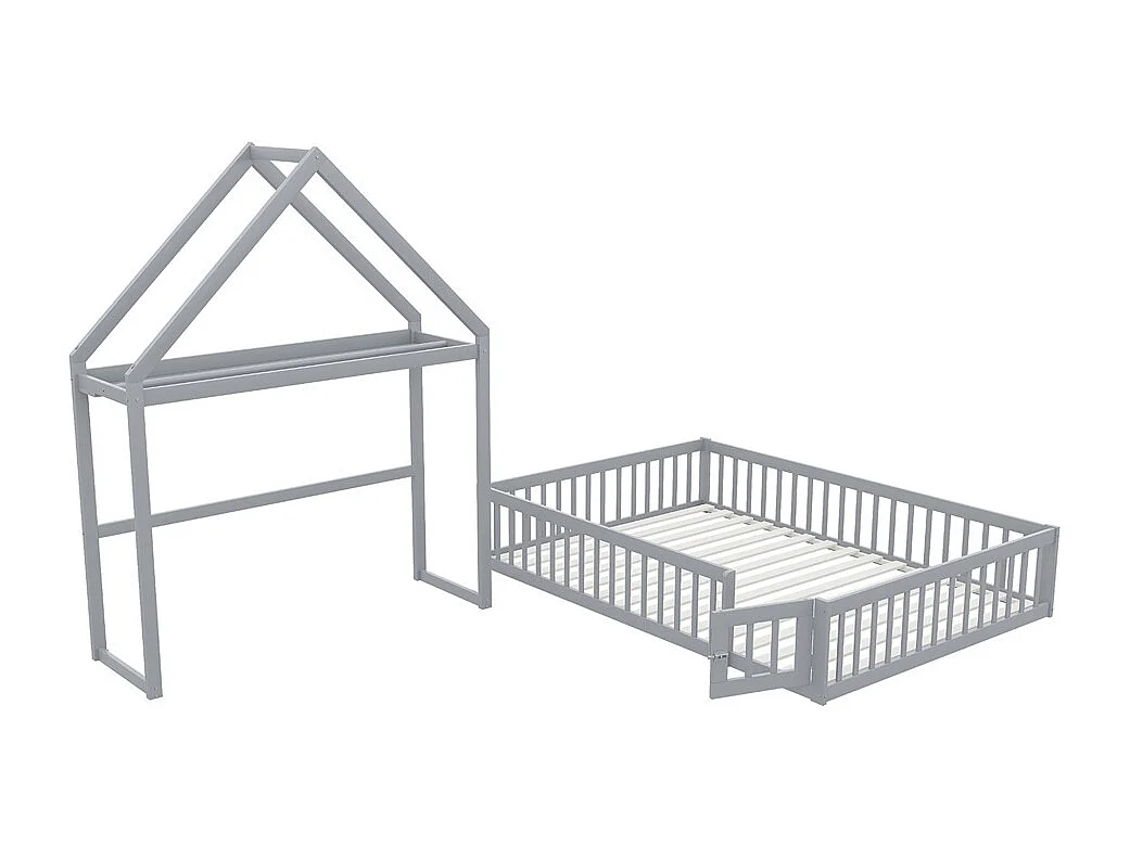 Lit jeune lit 140x200 cm lit en bois massif avec barrière de sécurité complète, portes et cadre à lattes pin gris